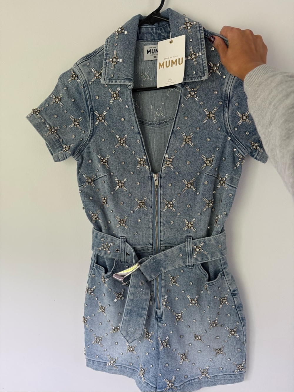 Show Me Your MuMu Light Wash Embellished Denim Jacket Romper
